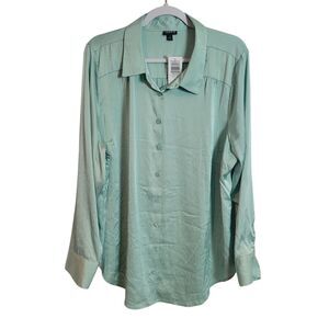 Torrid NEW Madison Satin Long Sleeve Button Up Shirt Women's Size 2X Mint Green